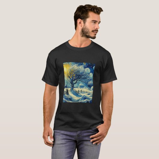 Snowy Winter Scene Van Gogh Starry Night Christmas Tシャツ (正面フル)