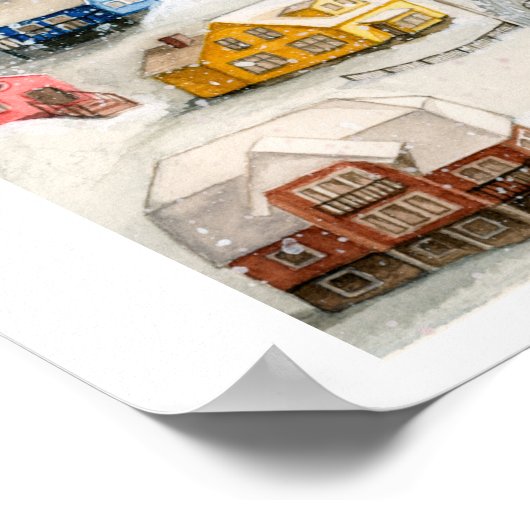 Snowy Winter Village Art ポスター (角)