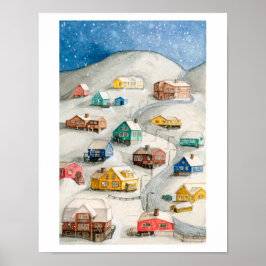 Snowy Winter Village Art ポスター