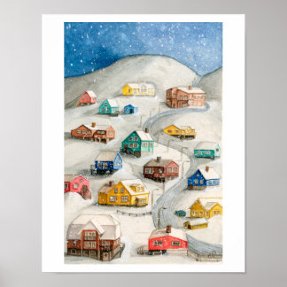 Snowy Winter Village Art ポスター