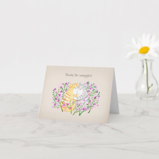 Snuggling Cats in Floral Garden Cute I Love You カード (小さな植物)