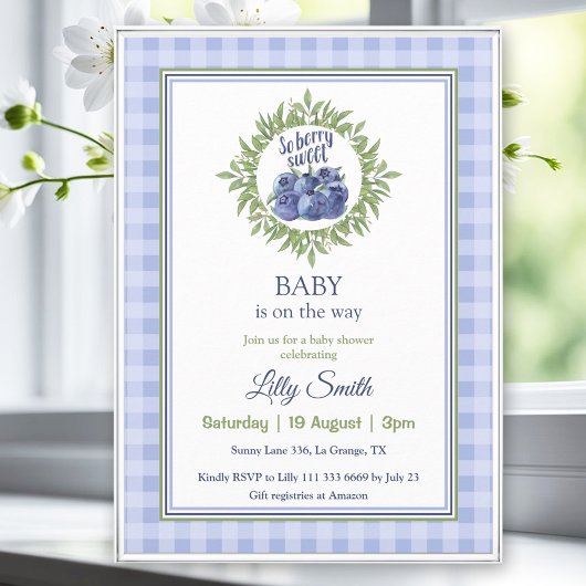 So Berry Sweet Baby Shower Blueberry Blue Plaid 招待状
