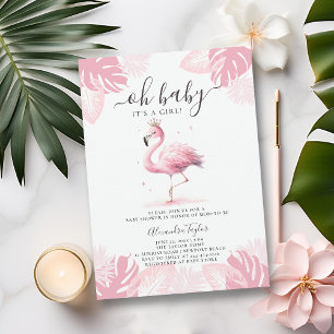 So Pink Flamingo Tiara Tropical Girlベビーシャワー 招待状