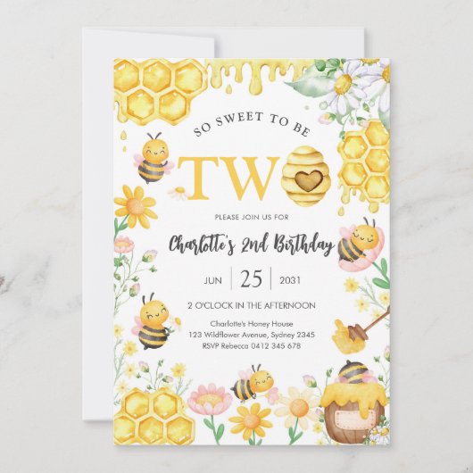 So Sweet To Be Two Honey Bee 2nd Birthday 招待状 (正面)