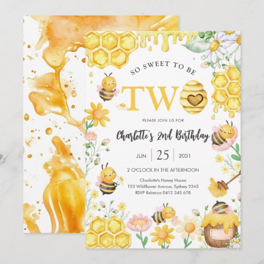 So Sweet To Be Two Honey Bee 2nd Birthday 招待状 (正面/裏面)