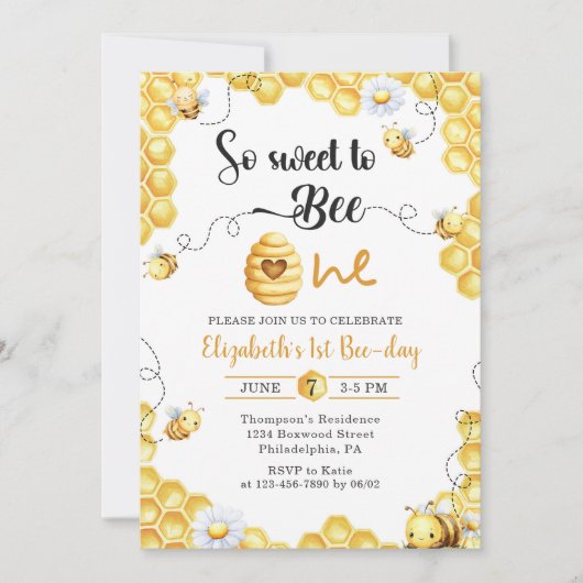So Sweet To Bee first Birthday Invitation 招待状 (正面)