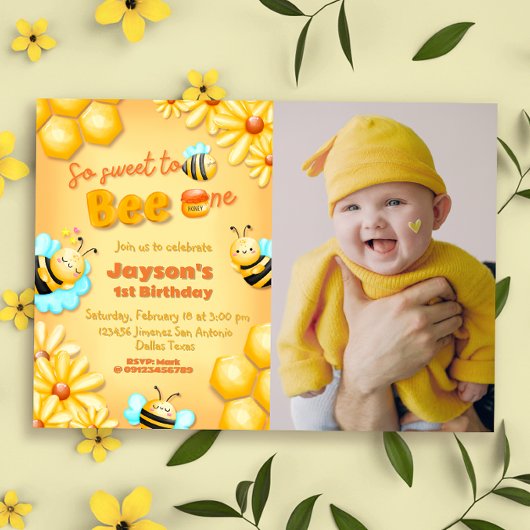 So Sweet to Bee One – 写真と一緒に1歳の誕生日 招待状