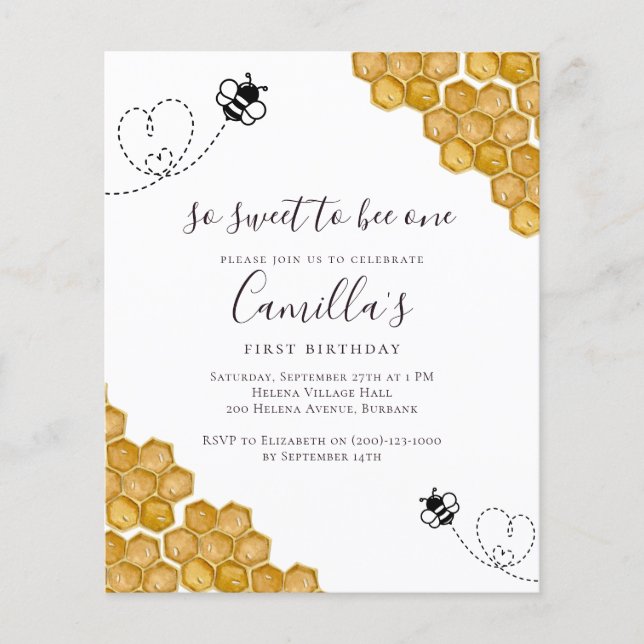 So Sweet to Bee One Budget Birthday Party招待状 (正面)