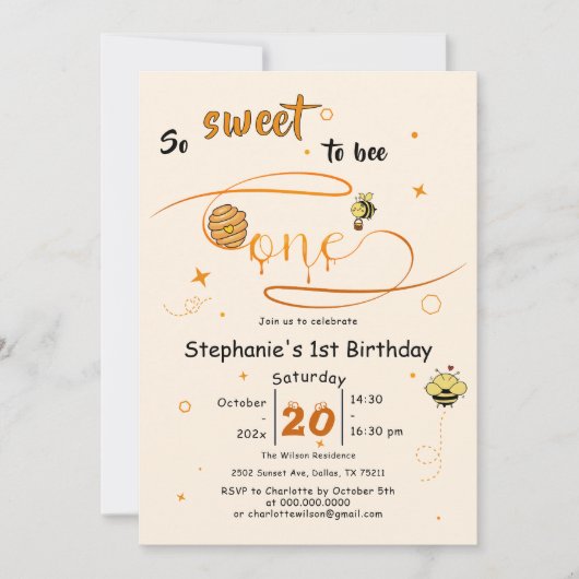So Sweet To Bee One Cute Honey Bee 1st Birthday 招待状 (正面)