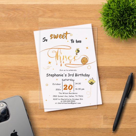 So Sweet To Bee Three Cute Honey Bee 3rd Birthday アクリル招待状 (インサイチュ (招待状))