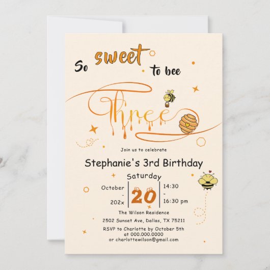So Sweet To Bee Three Cute Honey Bee 3rd Birthday 招待状 (正面)
