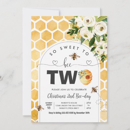 So Sweet To Bee Two Beeテーマパーティーファースト誕生日 招待状 (正面)