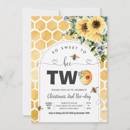 So Sweet To Bee Two Beeテーマパーティーファースト誕生日 招待状 (正面)