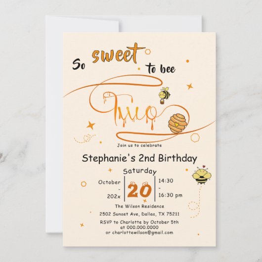 So Sweet To Bee Two Cute Honey Bee 2nd Birthday 招待状 (正面)