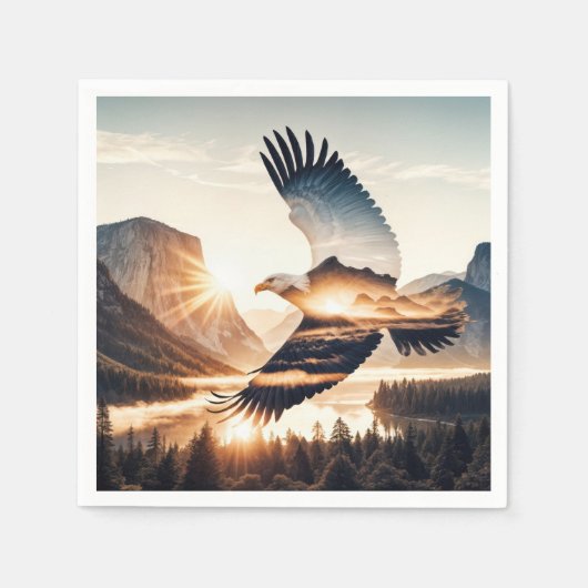 Soaring Bald Eagle Over Mountain Lake スタンダードカクテルナプキン (正面)