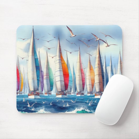 Soaring Seagulls With Sailboat Regatta マウスパッド (マウス)