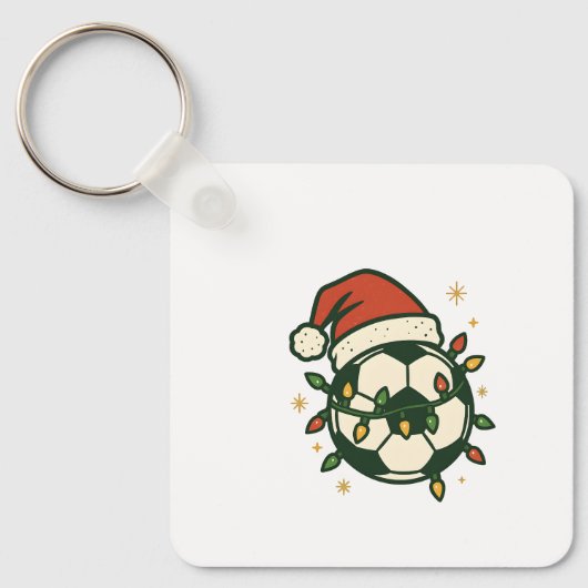 Soccer Ball Christmas Lights Santa Hat Funny  キーホルダー (正面)