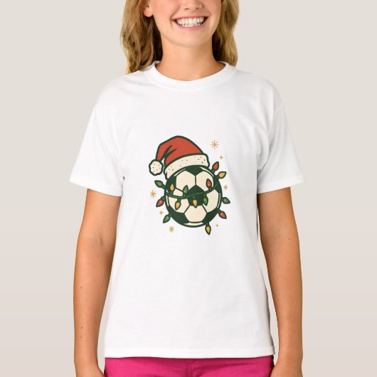 Soccer Ball Christmas Lights Santa Hat Funny  Tシャツ (正面)