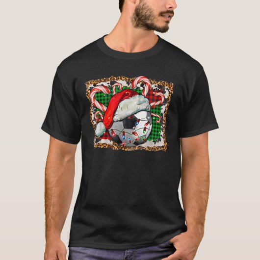 Soccer Ball Christmas With Hat And Candy Cane Spor Tシャツ (正面)