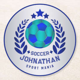 Soccer Ball Crest | Bright Blue Sport Fan Gifts  ラウンドペーパーコースター