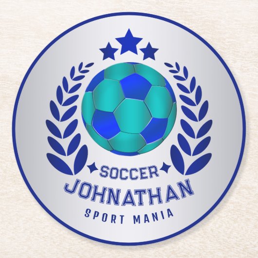 Soccer Ball Crest | Bright Blue Sport Fan Gifts  ラウンドペーパーコースター (正面)