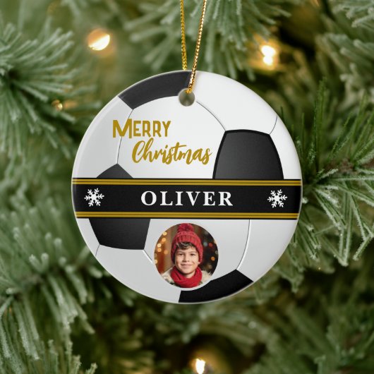 Soccer Ball Custom Name Merry Christmas Photo セラミックオーナメント (ツリー)
