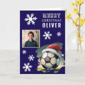 Soccer Ball Santa Hat Kids Photo Christmas カード (黄色い花)