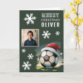 Soccer Ball Santa Hat Kids Photo Christmas カード (黄色い花)