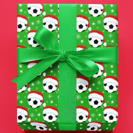 Soccer Ball Wearing Santa's Hat & Snowflakes Green ラッピングペーパー