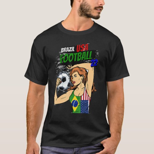 Soccer ball women Brazil US flag T-Shirt Tシャツ (正面)