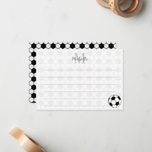 Soccer Balls Black and White Custom Lined Monogram ノートカード (正面/裏面インサイチュ)