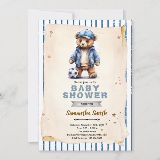 Soccer Bear Baby Shower Invitation 招待状 (正面)