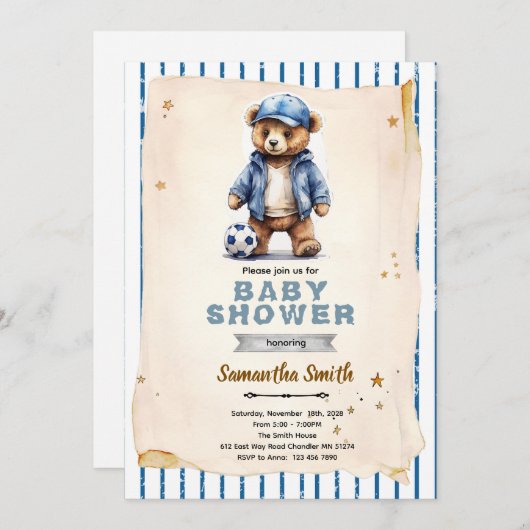 Soccer Bear Baby Shower Invitation 招待状 (正面/裏面)
