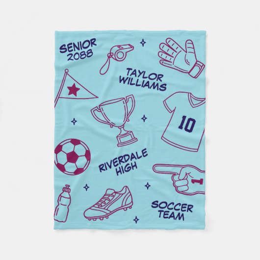 Soccer Doodle Pattern Custom Text Senior Gift フリースブランケット (正面)