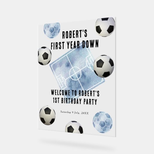 Soccer First Year Down 1st Birthday Party アクリルサイン (傾斜)