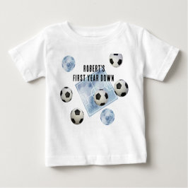 Soccer First Year Down Birthday Party ベビーTシャツ