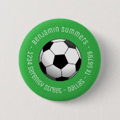 Soccer Football Ball on Green Custom Text 缶バッジ (正面)