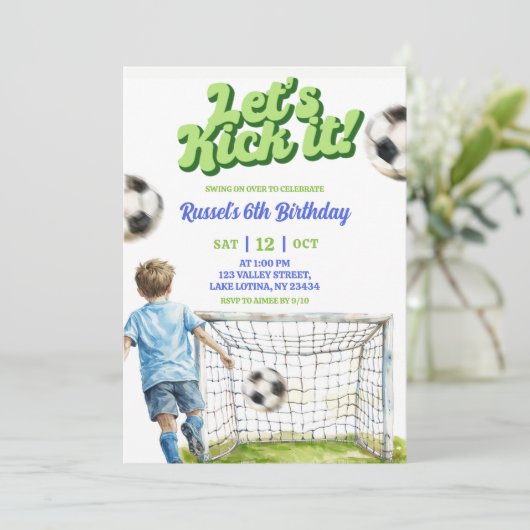 Soccer Kick off some fun Boy Birthday 招待状 (スタンド正面)