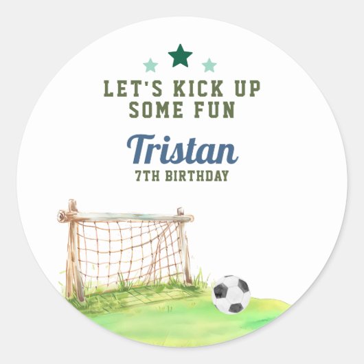 Soccer “Let’s Kick Up Some Fun” Any Age Birthday ラウンドシール (正面)