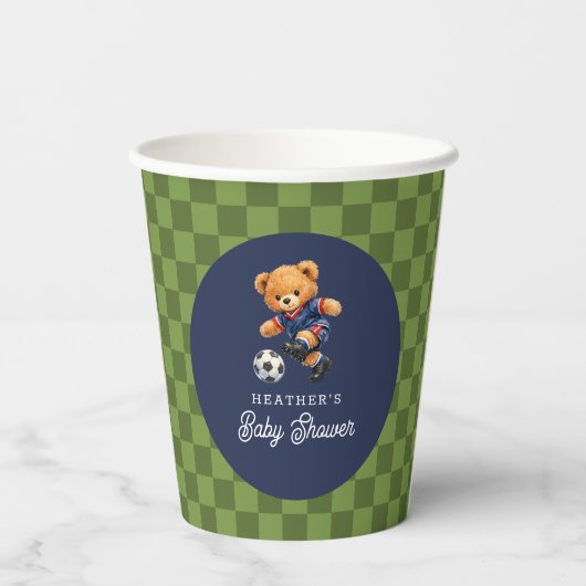 Soccer Teddy Bear Checkboard Baby Shower 紙コップ (裏面)