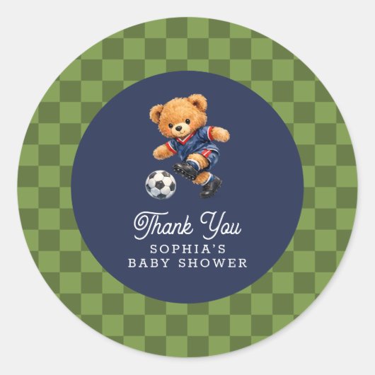 Soccer Teddy Bear Checkboard Retro Baby Shower ラウンドシール (正面)