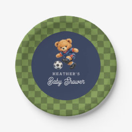 Soccer Teddy Beary Checkboard Retro Baby Shower ペーパープレート