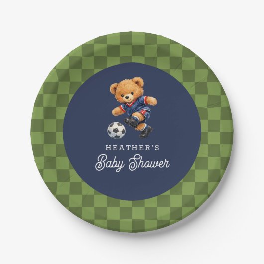 Soccer Teddy Beary Checkboard Retro Baby Shower ペーパープレート (正面)