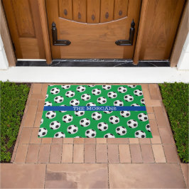 Soccerball Pattern、White Name、Blue & Green ドアマット