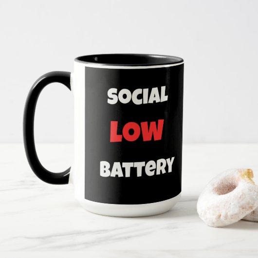 Social Battery Low Funny Coffee Mug -Black&White マグカップ (ドーナツ付き)