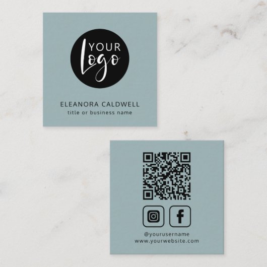 Social Media QR Code Logo Blue-Green スクエア名刺 (正面/裏面)