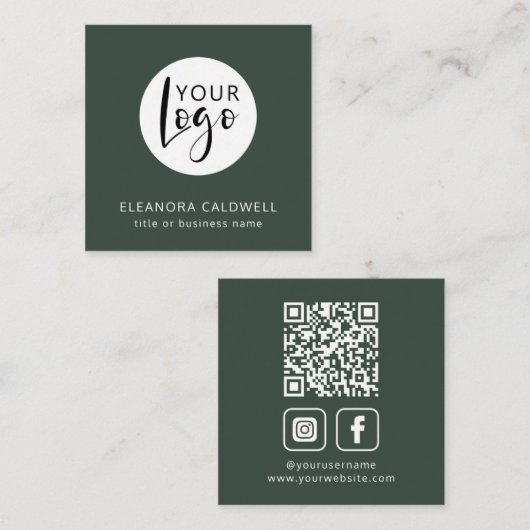 Social Media QR Code Your Logo Green スクエア名刺 (正面/裏面)