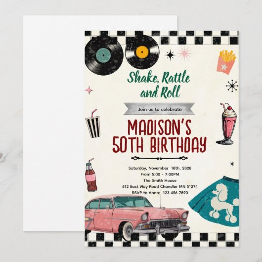 Sock Hop Retro 50s party invitation 招待状 (正面/裏面)