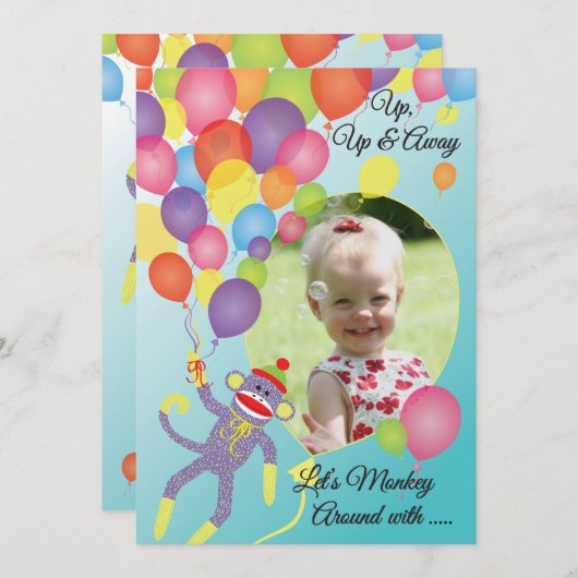Sock MonkeyとBalloons Photo Insertパーティー招待状 招待状 (正面/裏面)