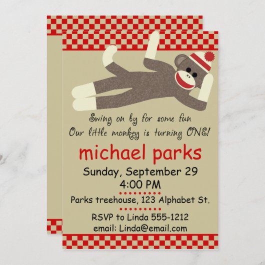 Sock Monkey誕生日の招待をカスタマイズ可能 招待状 (正面/裏面)